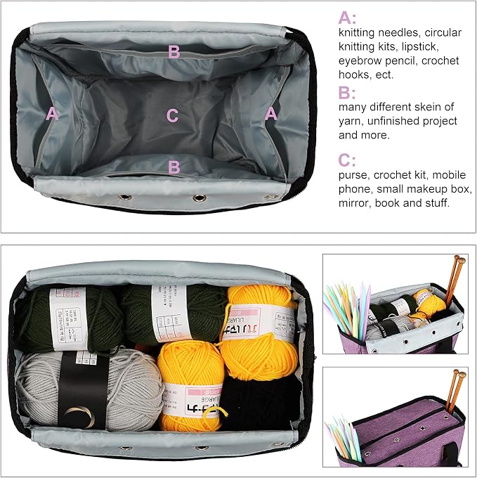 Coopay Crochet Bag w/Shoulder Strap, Yarn Storage Knitting Tote Bag-Purple | Portable Traveling Crochet for Crocheter, Large Capacity Storage Crochet Supplies Yarn Organizers Unfinished Project