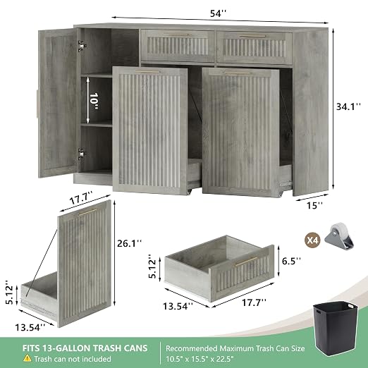Double 13 Gallon Pull Out Trash Can Cabinet with Storage Cabinet,Wood Grey | Pet Proof Hidden Garbage Can Cabinet,3-Tier Shelves,Fluted Design,Extra Drawer Space,Kitchen & Dining Room Organization