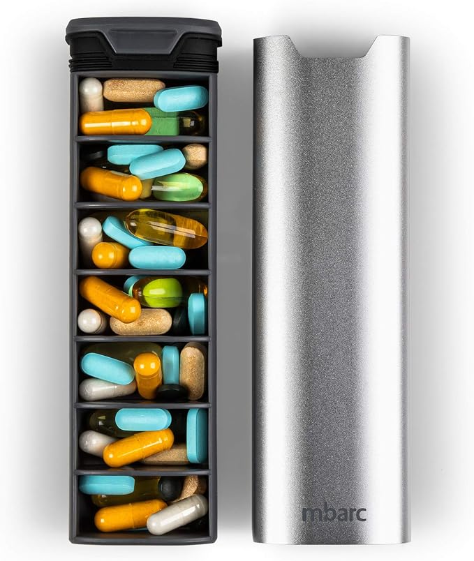 HigherHuman 7 Day Weekly Pill Organizer 2.0 by mbarc - Premium Stylish Aluminum and Wood Large Capacity Pill Box for Supplements, Pills, Vitamins and Medication. (Metallic Silver)