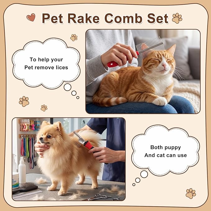 Zhehao 8 Pcs Pet Grooming Kit - Dematting Combs, Slicker Brush, Steel Comb Deshedding Brush, Flea Comb, Undercoat Rake for Detangling Long Matted Fur Hair from Dogs, Cats, Poodles, Anti-slip Handle