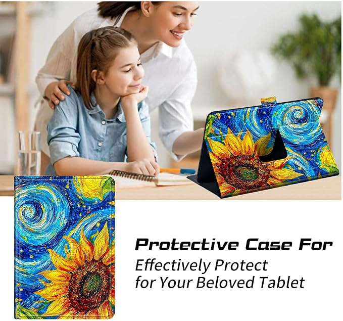 Universal Tablet Case for T-Mobile Revvl Tab 2 10.1" 2025/Revvl Tab 5G 10.36" 2023, 360 Degree Rotating Kickstand Protective Stand PU Leather Shell Cover for 9"-10.5", Starry Sunflower