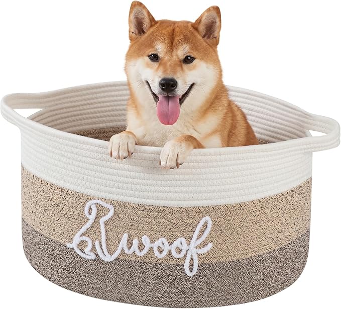 OIAHOMY 30L Large Dog Toy Basket, 17.8"×13"×10" Cotton Rope Basket with Cute Woof Embroidery, Soft Woven Pet Toy Box with Handles for Blankets, Leashes & Puppy Accessories, Decorative Organizer Brown