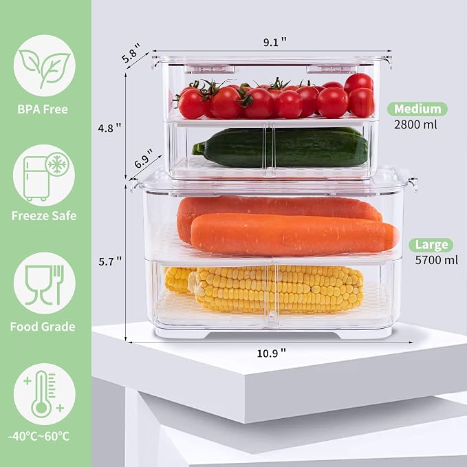 elabo Fruit Storage Containers Fridge Produce Saver- Stackable Refrigerator Organizer Keeper Drawers Bins with Lids and Removable Drain Tray for Veggie, Berry and Fruits, 1 Medium and 1 Large