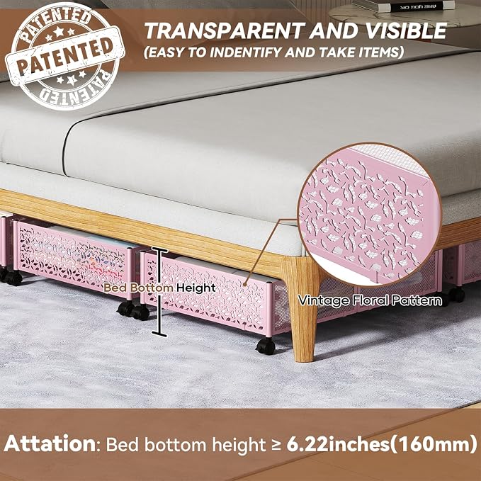 Under Bed Storage Container with Wheels,Patterned,Metal,2 Pack,Pink | Tool-free assembly, glide smoothly, easy reach, foldable, maxmazie low-profile beds, dorm, keep seasonal clothes, shoes fresh