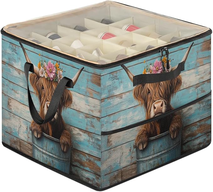 TropicalLife Highland Rustic Cow Shoe Organizer for Closet | Farmhouse Farm Animals Foldable Shoe Storage Organizer Box Bin with Adjustable Dividers & Clear Cover, Fits up to 16-32 Pairs