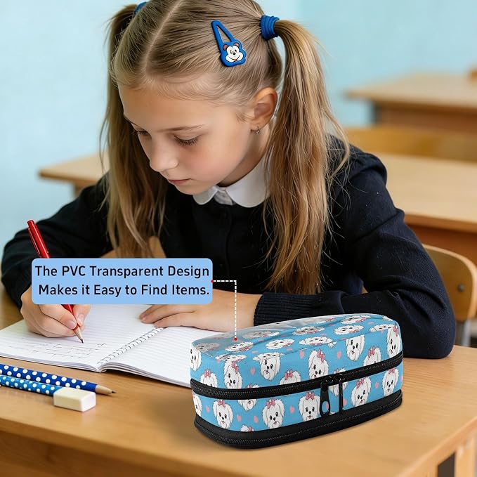 Cute Pets Dog Blue print Large Capacity Pencil Case with Zipper Water Resistant Portable Organizer Pen Bag for Office Students School