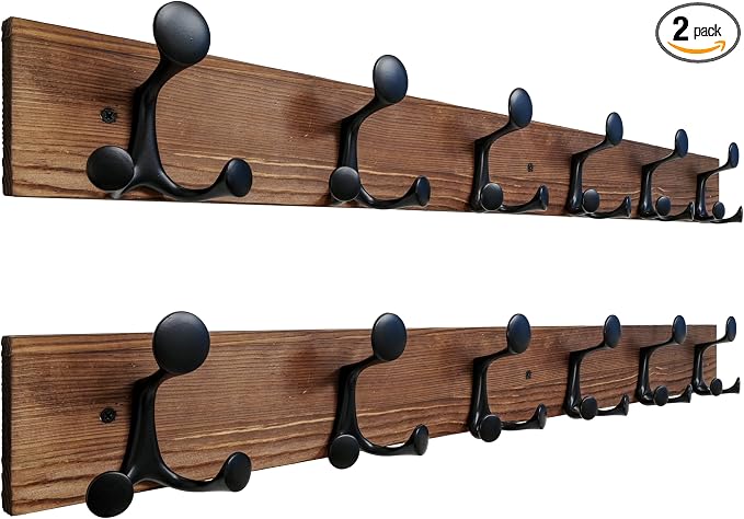 SKOLOO 36-Inch Wood Coat Rack Wall Mount with 6 Triple Hooks, Pine Material, Charred Golden Brown Finish, Ideal for Family Entrances, Classrooms, and Pet Supplies Storage, Pack of 2