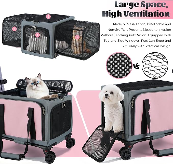 3-Sided Expandable Rolling Pet Carrier with Wheels, Small Cat Dog Travel Carrier, Foldable Portable Bag Grey Pink for Travel Camping Vet Outdoor Indoor Use