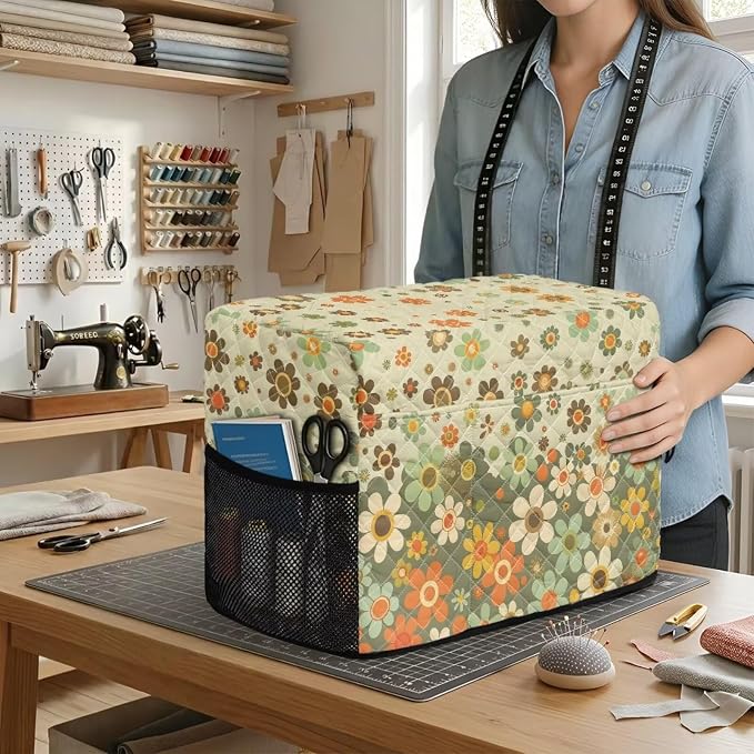 Sewing Machine Cover Polyester Febric Retro Daisy Cottage Print | Dust Pet Hair Protection,Quilting Design,Fits Standard Singer,Brother Janome Machines,Protecting Decorating Your Sewing Space
