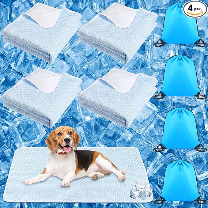 Fanfanwin 4 Pack Dog Self Cooling Mat 39x28 Inch, Washable Ice Silk Pet Sleeping Pad with Non-Slip Bottom & Storage Bags for Summer Indoor Crate Car, Outdoor Patio Hot Weather Resting