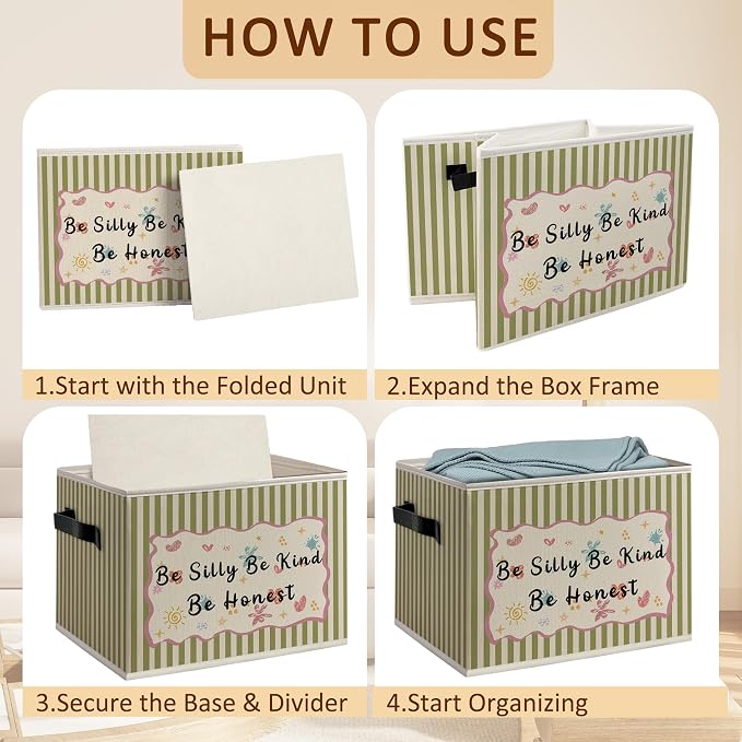 Inspirational Kids Foldable Storage Bins Box with Handles, Be Silly Honest Kind Motivational Green Striped Decorative Storage Boxes Baskets Toybox Organizer for Kids Nursery Room Classroom