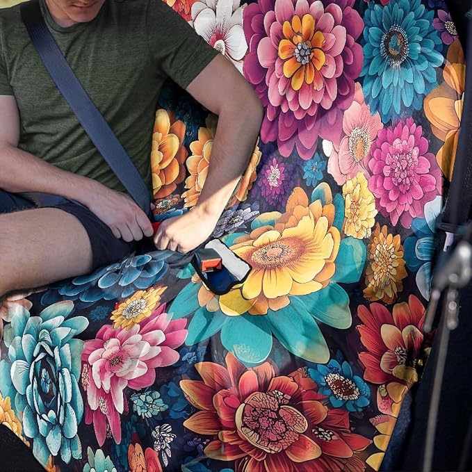 Renewold Rear Bench Dog Car Seat Cover Car Back Seat Towel Cover with Storage Bag Towel Blanket for Running Yoga Workout Swimming Sport Colorful Boho Flower Automotive Travel Accessories Beach Pads