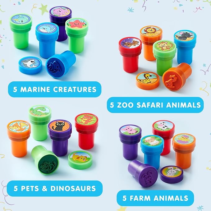 JOYIN 50 Pcs Assorted Stamps for Kids - Self-Ink Stamps with 50 Designs for Birthday Party Favor, Carnival Prizes, School Stampers, Goodie Bag, Classroom Treasure Box Toys (Zoo, Holiday Stampers)
