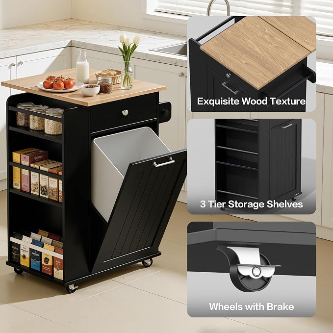 Kitchen Island, Island Table for Kitchen, Kitchen Carts on Wheels with Storage, Hidden Tilt Out Trash Cabinet