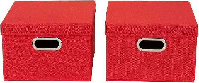 Household Essentials Storage Bins with Lids and Chromed Grommet Handles, Set of 2, Textured Linen Look, Red