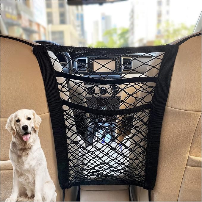 Kewucn 3 Layers Car Mesh Organizer, Four-Side Elasticity Auto Seat Back Net Bag Between Front Seats, Car Net Barrier of Backseat Pet Kids, Tissue Purse Holder, Storage Netting Pouch