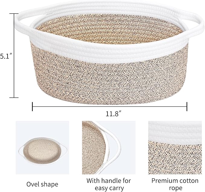 ABenkle Small Basket with Handles, Boho Decorative Rope Woven Dog Cat Toy Storage Bin Shelf Storage Organizer, Easter Christmas Gift Basket, 12"x8"x5", Mixed Brown