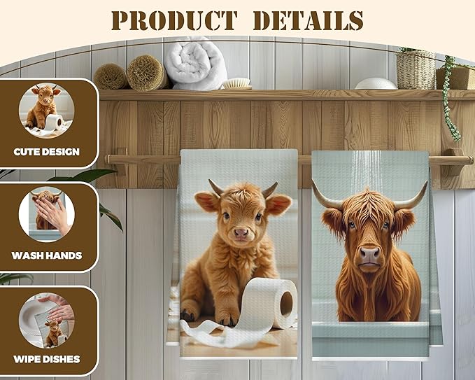 Bath Towels Set of 2, Cute Highland Cattle Dish Towel for Bathroom Spa Washroom, Western Cow Fast Drying Decorative Hand Towels, Farmhouse Housewarming Xmas Gifts for Women Mom -B21