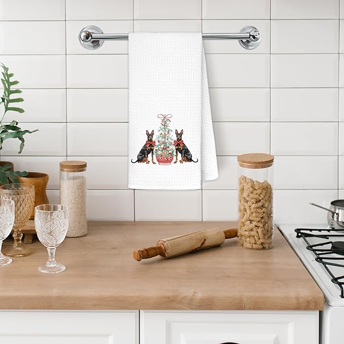 Red Chinoiserie Christmas Doberman Dog Kitchen Towels, Doberman Gifts Dish Tea Towels for Kitchen Decor, Grandmillennial Christmas Red Bow Xmas Dog Hand Towel for Bathroom Decor, 16x24 Inch