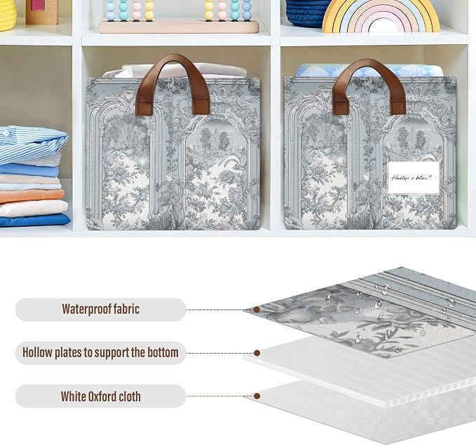 Vintage French Floral Classic Blue Storage Basket Foldable Cube Storage Bins with Handles&Labels Collapsible Organizer Box Bin Large Rectangle Decorative Baskets for Shelves Home Room Laundry
