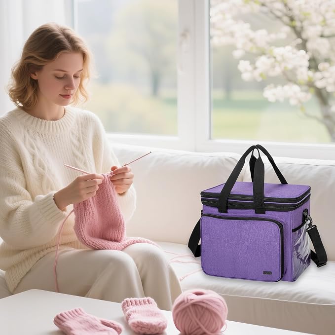 Teamoy Crochet Bag, Knitting Bag Yarn Storage Tote, Yarn Organizer, Purple | Yarn Holder for Crocheting, with Inner Divider and Cover, for Yarn Skeins, Project, Knitting Needles, and Crochet Supplies