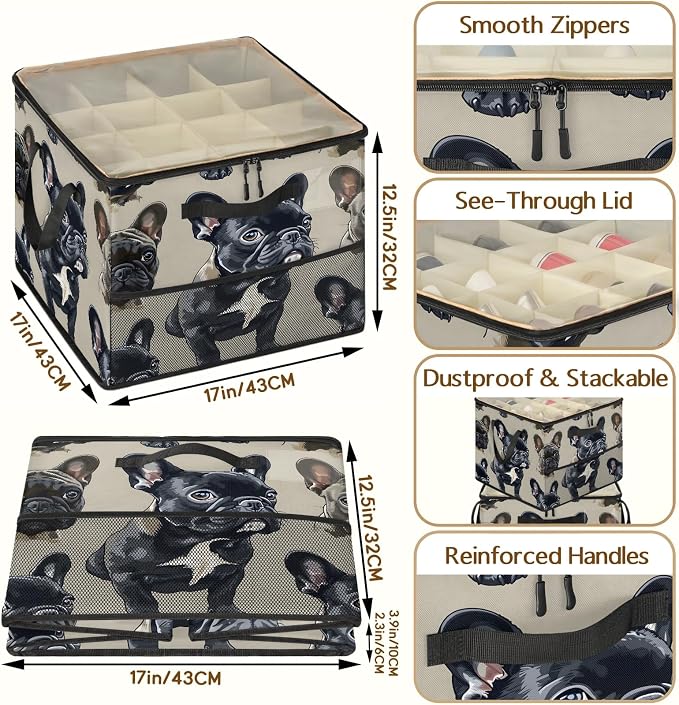 TropicalLife French Bulldog Shoe Organizer for Closet | Foldable Shoe Storage Box Bin 16-32 Pair Shoe Storage for Sneakers, Boots & Heels with Adjustable Dividers, Clear Cover