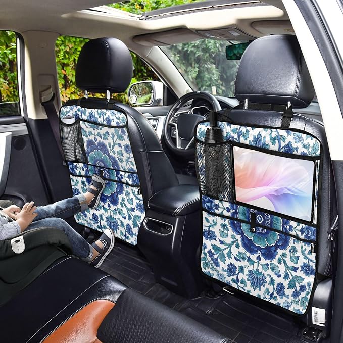 2 Pack Back Seat Car Organizer with Storage Pockets Kick Mats Back Seat Protector Hanging Car Organizer Automotive Seat Back Cover Organizers Floral Blue and White Vine