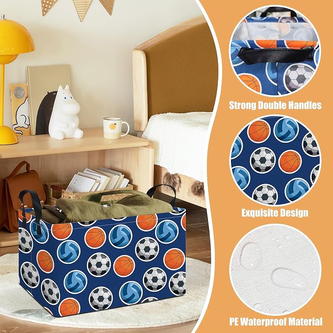 Rectangular Collapsible Storage Basket Nursery Toy Organizer Ball Sports | Storage Bin Foldable Canvas with Handles for Organizing Home Kitchen Children Toys Office Closet Shelf Baskets