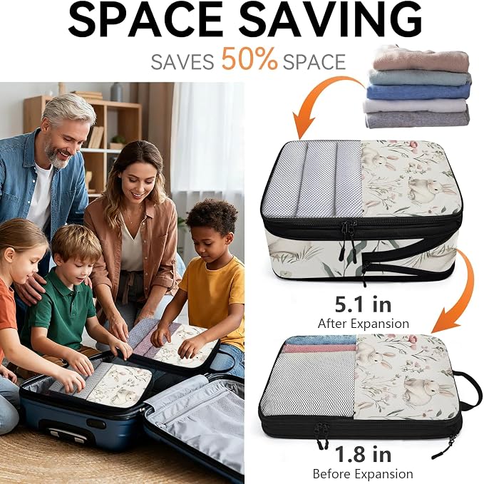 Bunnies Spring Flowers 6 Set Compression Packing Cubes | Travel Accessories Expandable Packing Organizers Space Saver Bags for Organizing Clothes