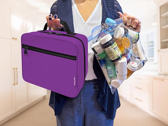 Large Pill Bottle Organizer & Medicine Bag for Travel, Purple | Prescription bottle organizer with 10 bottle pockets and padded storage for medication bottles, supplements, vitamins