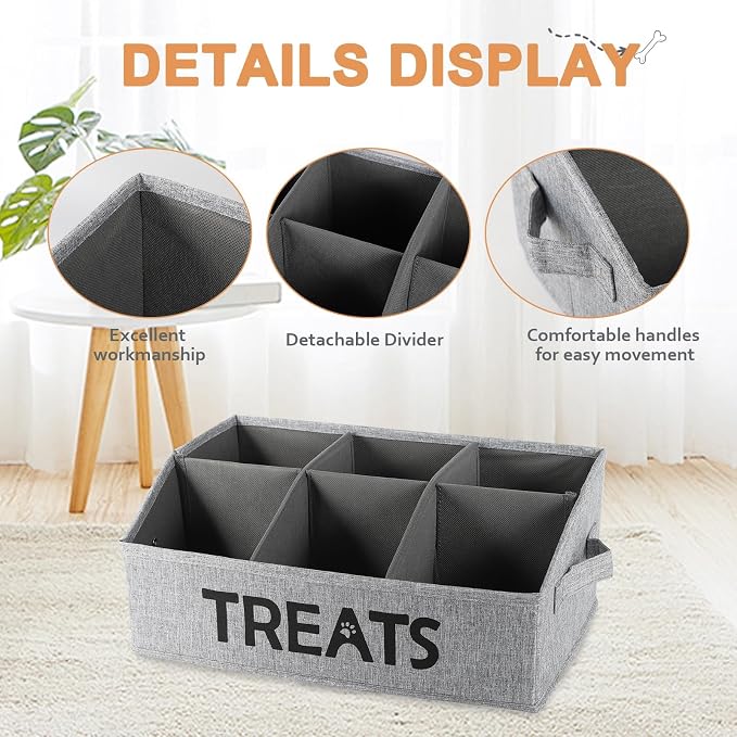 Dog Storage Organizer,Dog Treat Container Bin,Collapsible Fabric Storage Box for Pet Treats with dividers,Dog Stuff Container for Dog Treats Stick/Pet Canned Food/Packaged Snacks-Grey