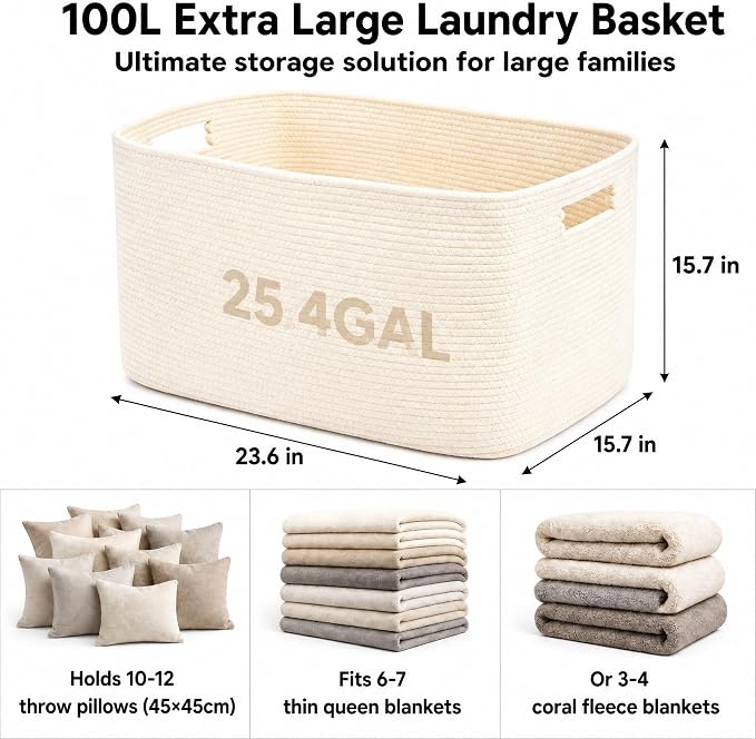 25.4GAL Collapsible Cotton Rope Extra Large Storage Basket For Bedroom Closet, Boho Rectangular Short Hamper Woven Storage Baskets for Living Room Throw Pillows Blankets Dirty Clothes, Beige