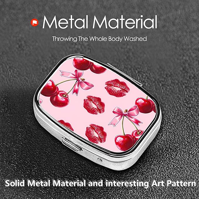 ABLESKY Pill Box, 2 Compartment Pill Organizer Case for Pocket or Purse, Small Portable Metal Travel Medicine Box with Mirror, Daily Vitamins Fish Oil Container-Cherry Pink Bow with Red Lips