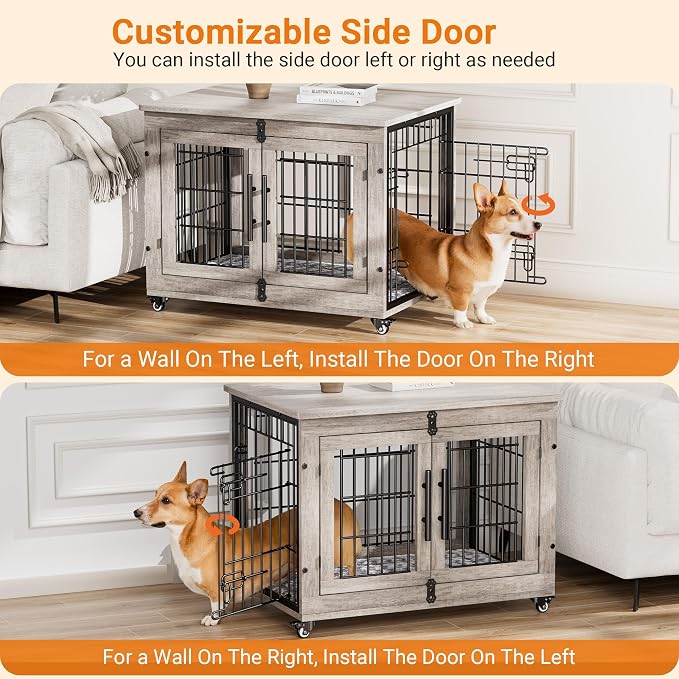 Medium Dog Crate Furniture, 32'' Heavy Duty Kennel w/Cushion & Wheels | Grey, Double Doors, Wooden Dog Cage, Chew-Resistant, End Table, Decorative, 27"/32"/38"/44" Options, Indoor
