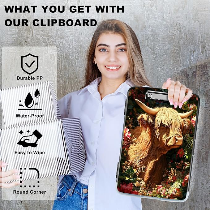 A4 Clipboard with Storage Pen Holder, Clipboards Organizer Nursing Clipboard Foldable File Folder Plastic Clipboard Folio Clip Board for Office Work Classroom Doctor, Grass Grass Field Cow