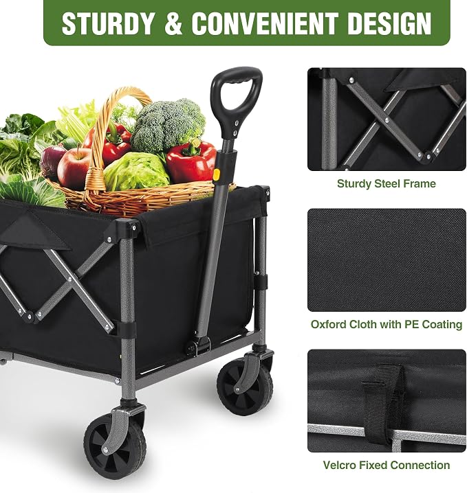REDCAMP Collapsible Wagon with Wheels, 380lbs Foldable Wagon Cart | Portable Utility Wagon Cart with All Terrain Wheels for Outdoor, Sports, Shopping, Pet, Grocery, Beach, Camping, Black