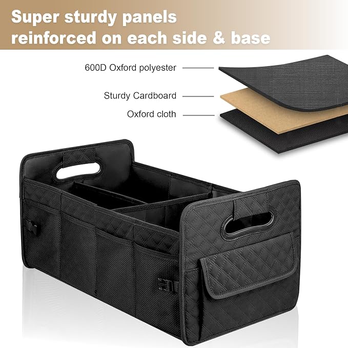 Car Trunk Organizer for SUV, Collapsible Car Storage Organizer Large Black | Sturdy, Strong Capacity, Diamond Decor, Multi Compartment Container Box Adjustable Car Accessories for Sedan Truck