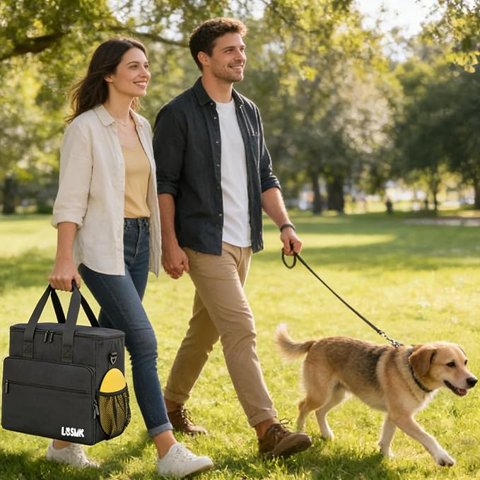 Dog Travel Bag, Large Pet Travel Set with Multi-Function Pockets | 2 Food Storage Containers, 2 Collapsible Bowls, 1 Feeding Mat for Pet Supplies, Road Trip Essentials, Weekend Camping, Black