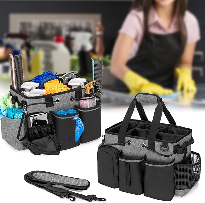 LoDrid Large Professional Cleaning Caddy with Detachable Divider, Black | Cleaning Supply Organizer with Handle and Shoulder Strap for Housekeepers & Cleaners