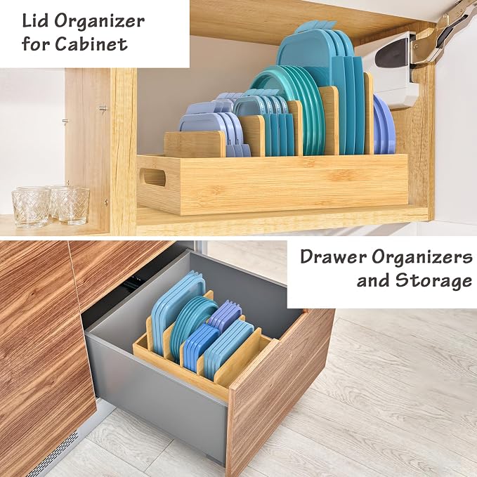Retro Shaw Lid Organizer for Plastic Lids, with 5 Adjustable Dividers | Handmade, Bamboo, For Cabinet and Drawer, Kitchen Storage and Organization