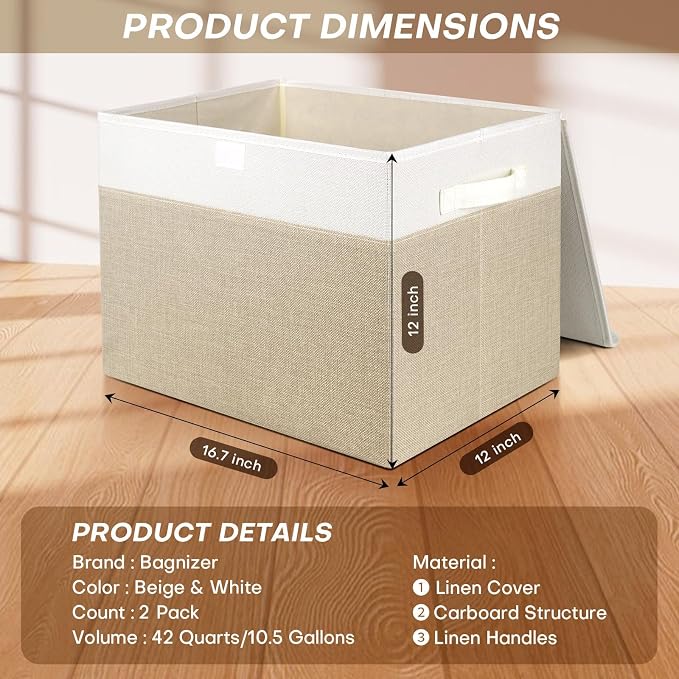 Large 42 Quarts Fabric Storage Bins with Lids [2-Pack] Linen Collapsible Foldable Baskets, Closet Organizer Containers boxes with Handles for Home Office (16.7 x 12 x 12, Beige & White)