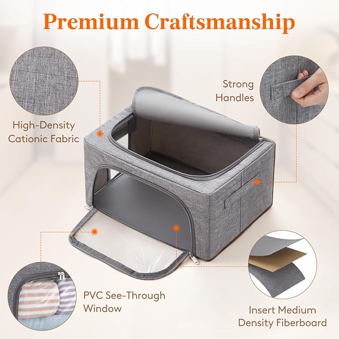 Lifewit Clothes Storage Bins with Metal Frame, Stackable Storage Box, Foldable Clothing Storage Bins with Lids, 25L Storage Bags Fabric Box Organizer with Clear Window＆ Zippers＆ Sturdy Handles 4 Pack