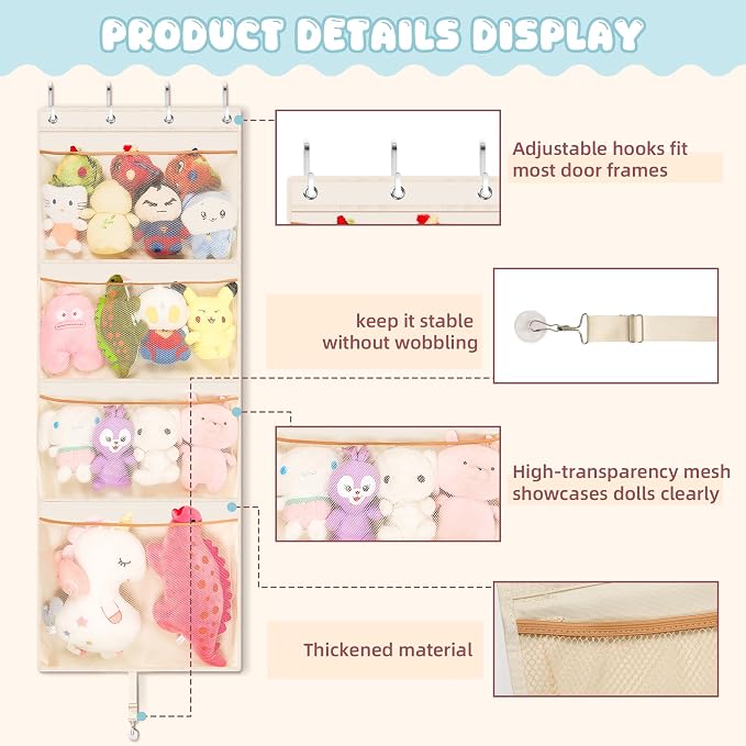 Over the Door Stuffed Animal Storage , 65" Hanging Mesh Toy Organizer with Support Rods & 4 Large Pockets, Extra Large Space-Saving Nursery Hammock for Plush Toys & Dolls with Meat Hook Beige