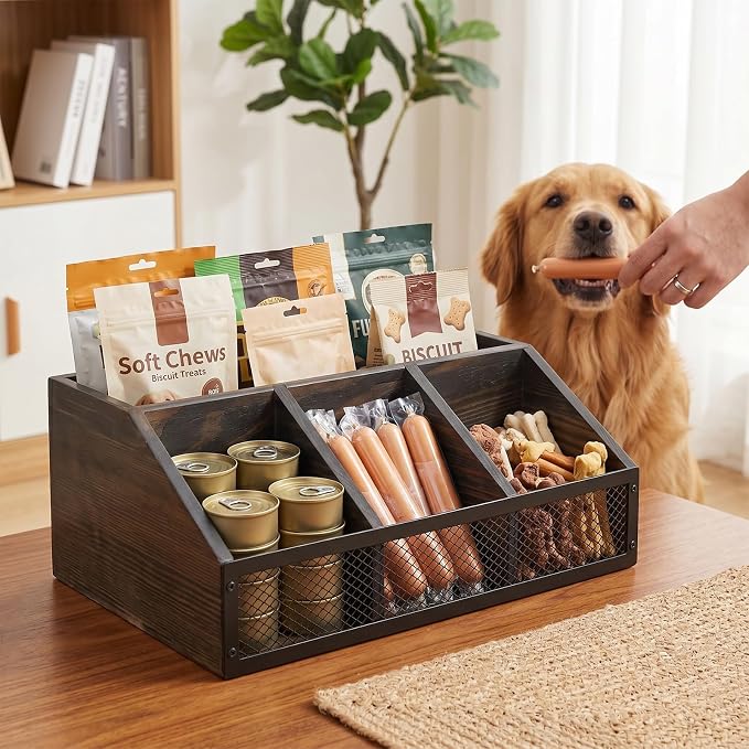 Pethiy Dog Treat Organizer for Countertop, Wooden Pet Treat Storage Box,Wooden Grid Snack Storage Box Trapezoid Dog Snack Holder for Training Treats,cat Treat jar Desktop Treat bar
