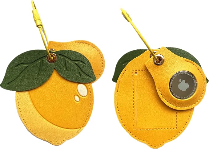 PU Leather Luggage Tag with Airtag Holder Case Set and Name ID Label | Hidden Compartment for AirTag Travel Suitcase Tracking Case with Stainless Steel Loop,Cute Fruit Plant Animals Styles,Lemon