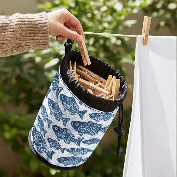 Drawstring Peg Bag Organizer, Blue Wave Pattern Clothespin Storage Pouch with Hanging Button, Portable Laundry Clips Holder for Drying Rack, Camping, Travel & Home