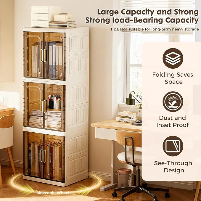Plastic Folding Storage Box Units, Pet Collapsible Clothes Organizers,White, Collapsible Wardrobe with Visualization Doors, Rolling Wheels