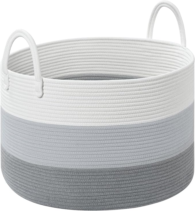 67L Large Woven Blanket Basket, Cotton Rope Baby Laundry Hamper with Handles, Kids Toy Basket for Classroom & Nursery, Soft Round Stuffed Animal Storage, Dog Toy Bin - 20"x13", Gray