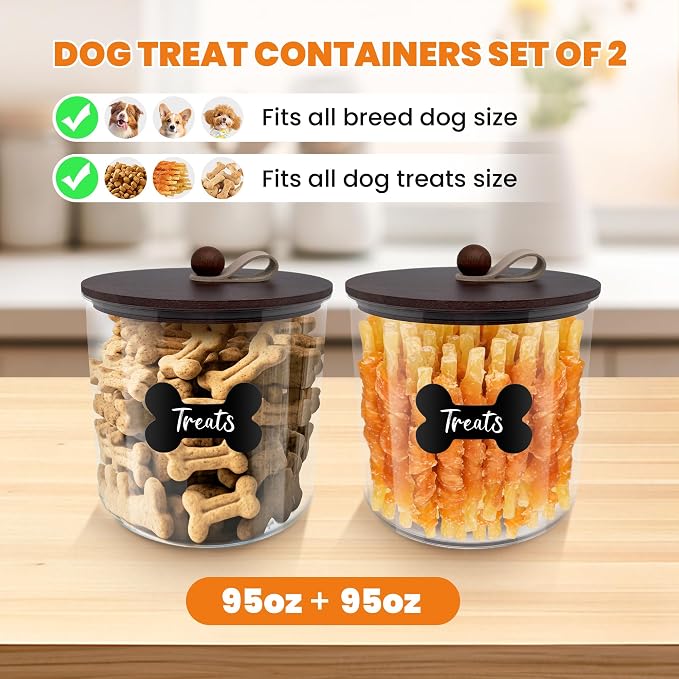 HOYTAMDAR 2 Pack Airtight Dog Treat Containers Bamboo Lids, Dog Treat Jars | Dog Food Storage Container with Scoops, Clamps, Labels and Marker, Dog & Cat Treat Holder