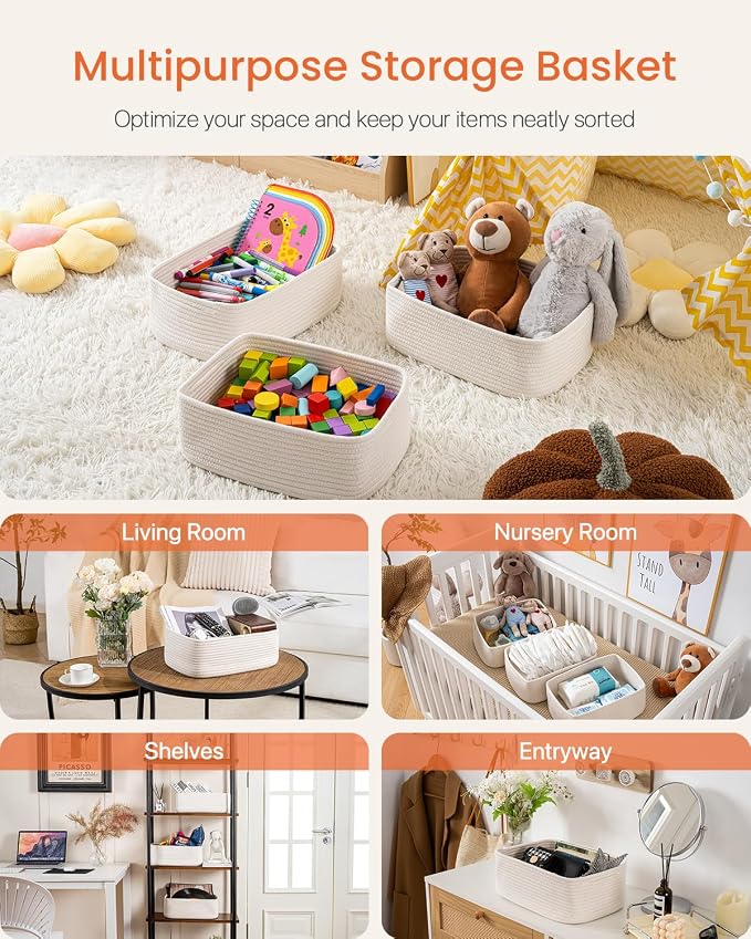 KALLAX Small Woven Storage Basket for Organizing, 13.5x9.5x5 inches, 3 Pack | Shelf baskets for closet organization, toy storage and home decor, Perfect as empty gift baskets for holidays, Off White